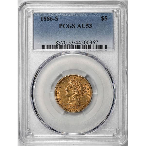 1886-S $5 Liberty Head Half Eagle Gold Coin PCGS AU53