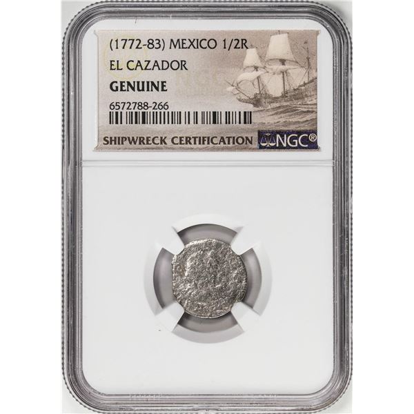 El Cazador Shipwreck (1772-83) Mexico 1/2 Real Silver Coin NGC Genuine w/ Story Card