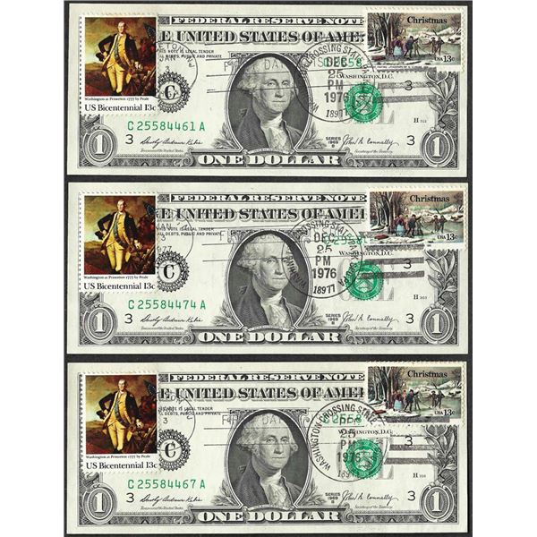 Lot of (3) 1969B $1 Federal Reserve Notes Bicentennial First Day of Issue Stamp