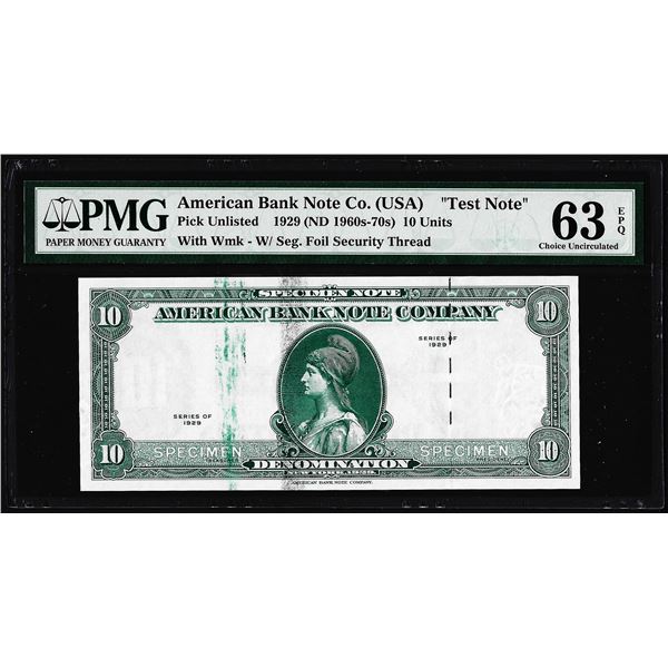 1929 10 Unit American Bank Note Co. "Test Note" PMG Choice Uncirculated 63EPQ