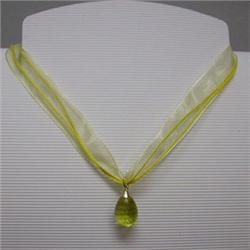 14K GOLD 13.60 CTS LEMON CITRINE (GREEN GOLD) PENDANT 23x10 MM WITH RIBBON W/CLASP