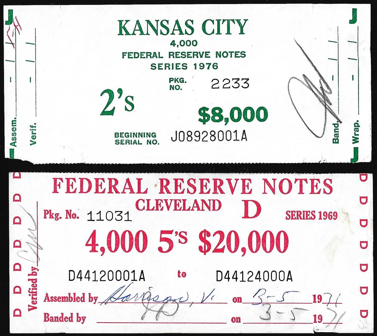 Reserved Notes Lot of 1969 $5 & 1976 $2 Federal Reserve Note Brick Labels