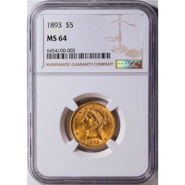 1893 $5 Liberty Head Half Eagle Gold Coin NGC MS64