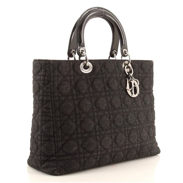 Christian Dior Vintage Black Cannage Quilted Denim Large Lady Dior Bag