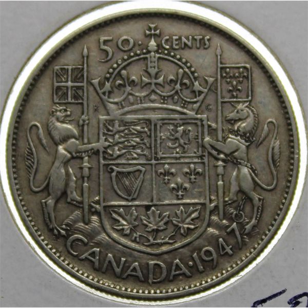 1947 CURVED LEFT CANADA SILVER  50 CENTS COIN