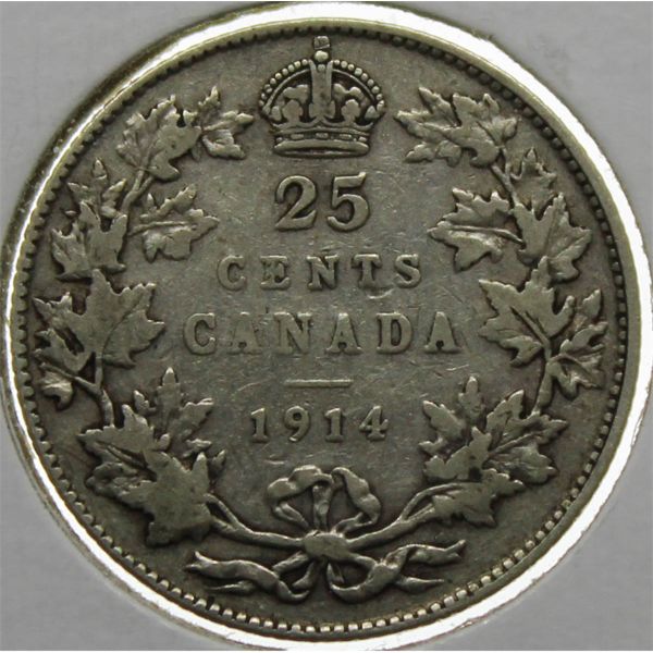 1914 CANADA SILVER 25 CENTS COIN