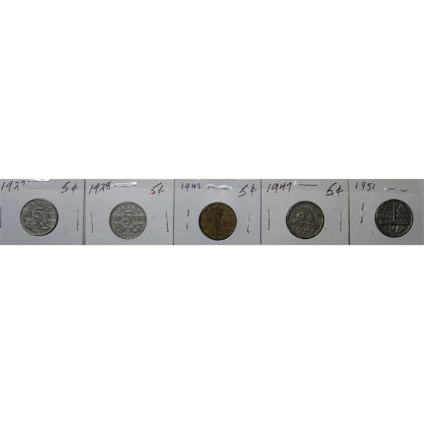 5 LARGE 5 CENTS CANADA COINS 1927 '28 '43 '47 '51