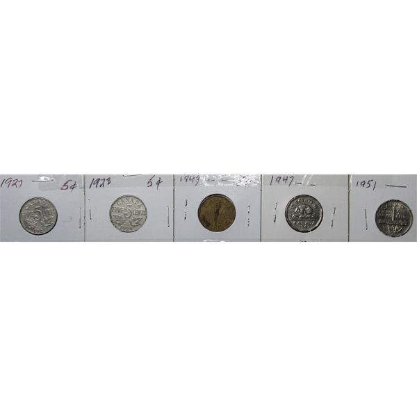 5 LARGE 5 CENTS CANADA COINS 1927 '28 '43 '47 '51