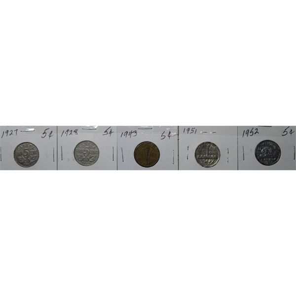 5 LARGE 5 CENTS CANADA COINS 1927 '28 '43 '51 '52