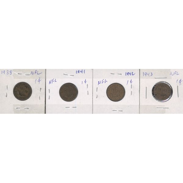 4 SMALL NEWFOUNDLAND ONE CENT COINS 1938 -