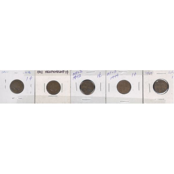 5 SMALL NEWFOUNDLAND ONE CENT COINS 1941 -
