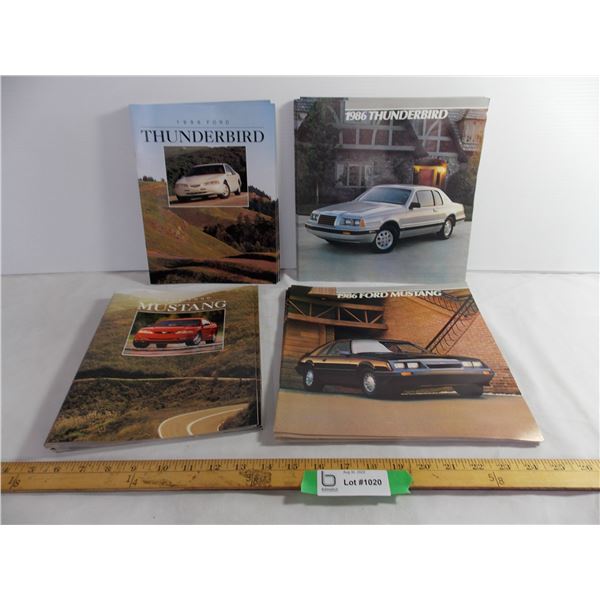 Car Brochures-11 96 Tbird, 14 96 Mustang, 7 86 Mustang, 9 86 Tbird-some water damage to the 86 ones