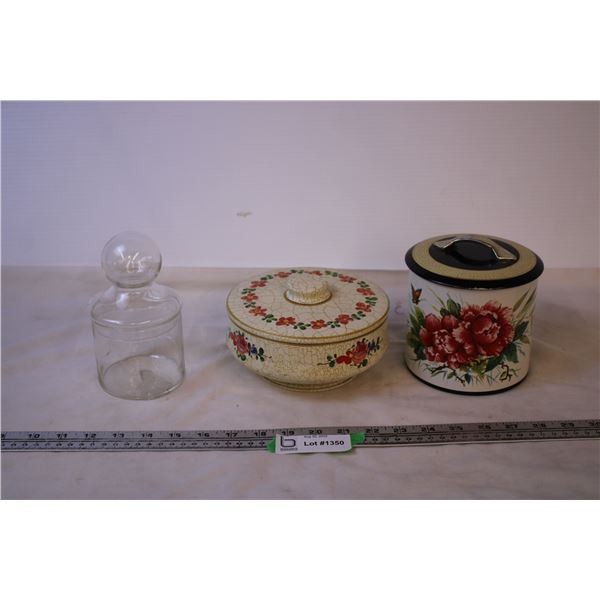 (2) Vintage Tins + Clear Glass Jar