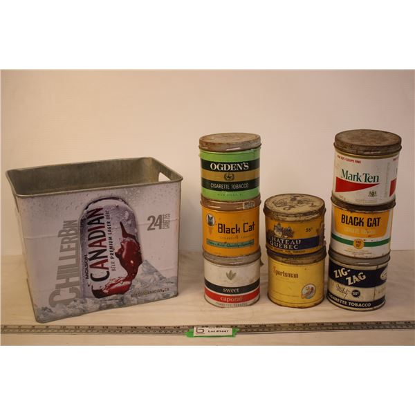 Molson Bucket and 8 Tobacco Tins