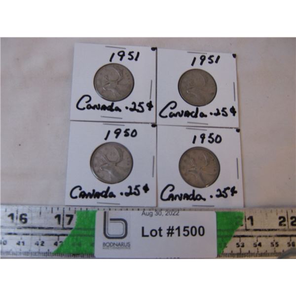 (2) 1950 and (2) 1951 Canadian Quarters