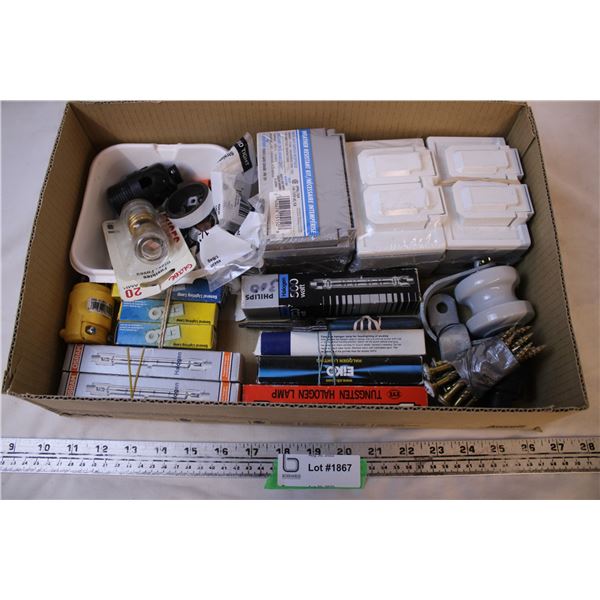 Box of Misc Electrical Supplies Including Halogen Bulbs and Outlets