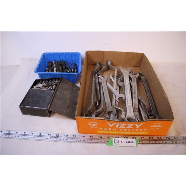 Box of Assorted Wrenches and Drill Bits