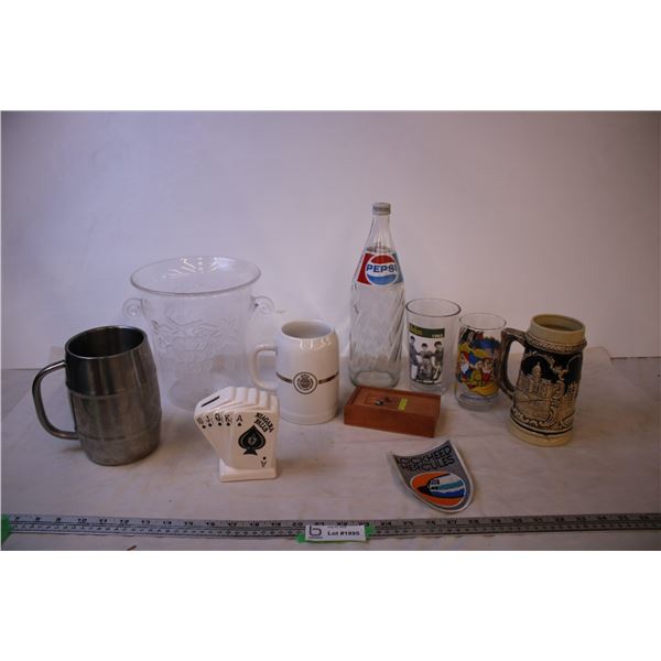 (9) Assorted Items (including Cups and Pepsi Bottle w/ Metal Cap)