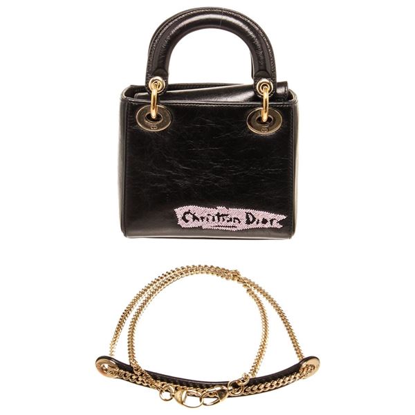 Christian Black Leather Dior Mini Lady Dior Satchel Bag