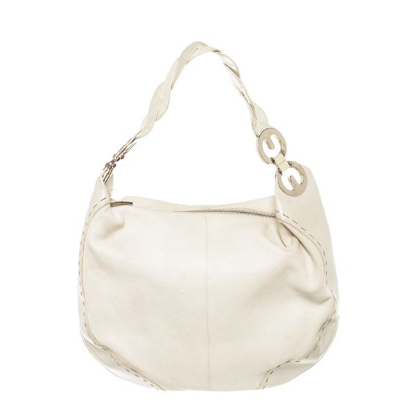 Escada White Pebbled Leather Hobo Bag