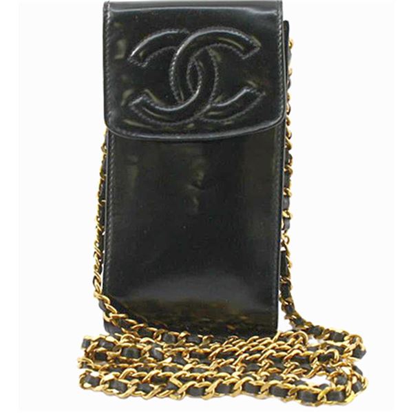 Chanel Black Leather CC Stitch Logo Phone Holder Chain Crossbody Bag