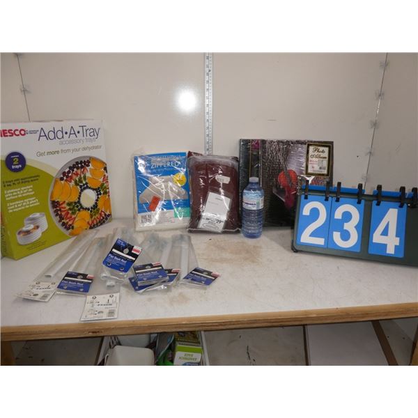 dehydrator trays, photo album, rods, linens
