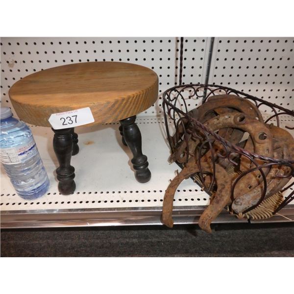 wooden stool & horseshoes