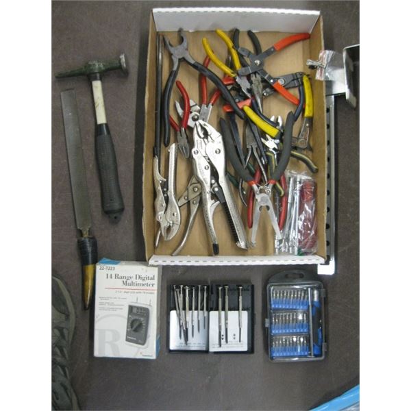 BOX OF MISC BITS, MULTI METER, PLIERS ETC