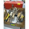 Image 1 : BOX OF ASSORTED TROWELS, TOOL BOX WITH MISC ELECTRICAL, NAIL PULLER ETC
