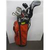 Image 1 : RED GOLF BAG WITH ASSORTED GOLDEN BEAR GOLF CLUBS, BIG BERTHA DRIVER ETC