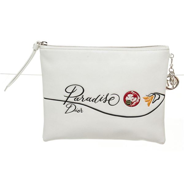 Christian Dior White Leather Paradise Zip Pouch Wallet