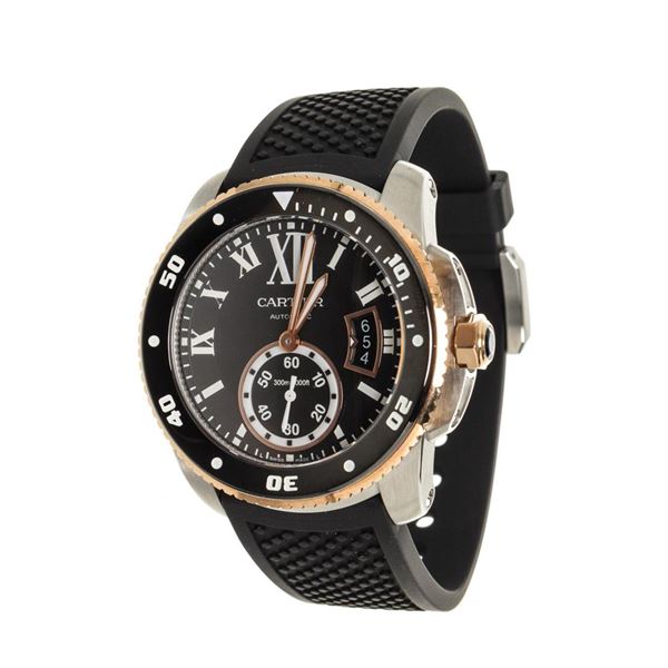 Cartier Black Leather Calibre Diver Stainless Steel Watch