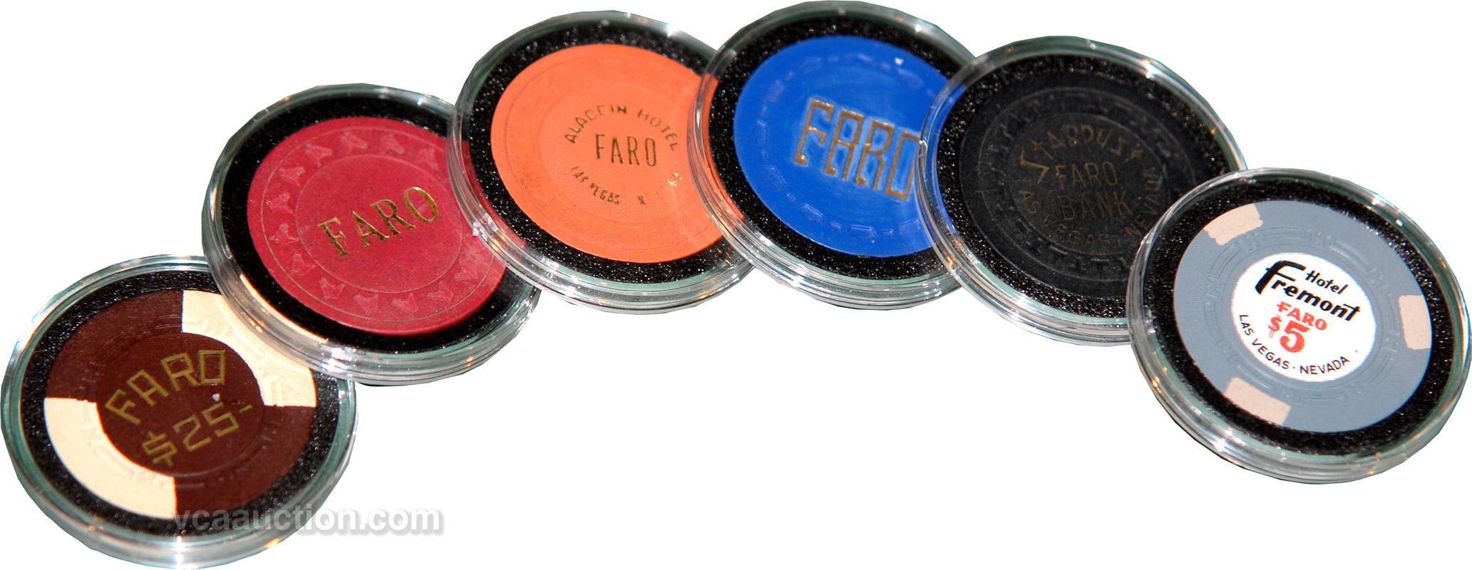 Casino Faro Chips Six casino chips used in faro games