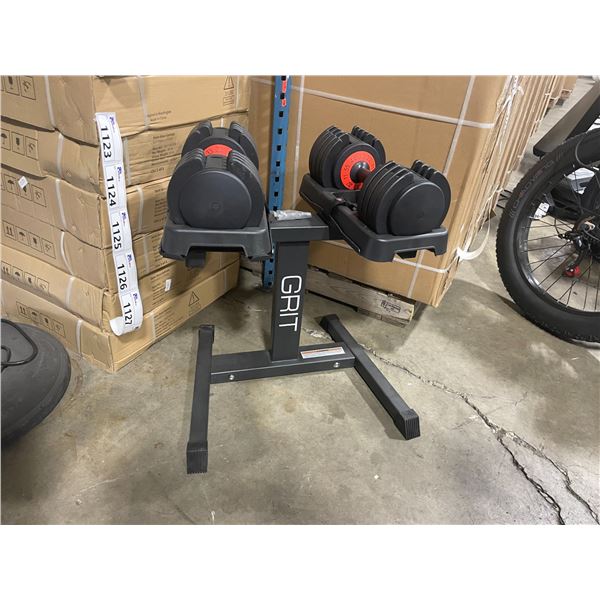 PAIR OF GRIT ADJUSTABLE WEIGHT DUMBBELLS WITH METAL STAND