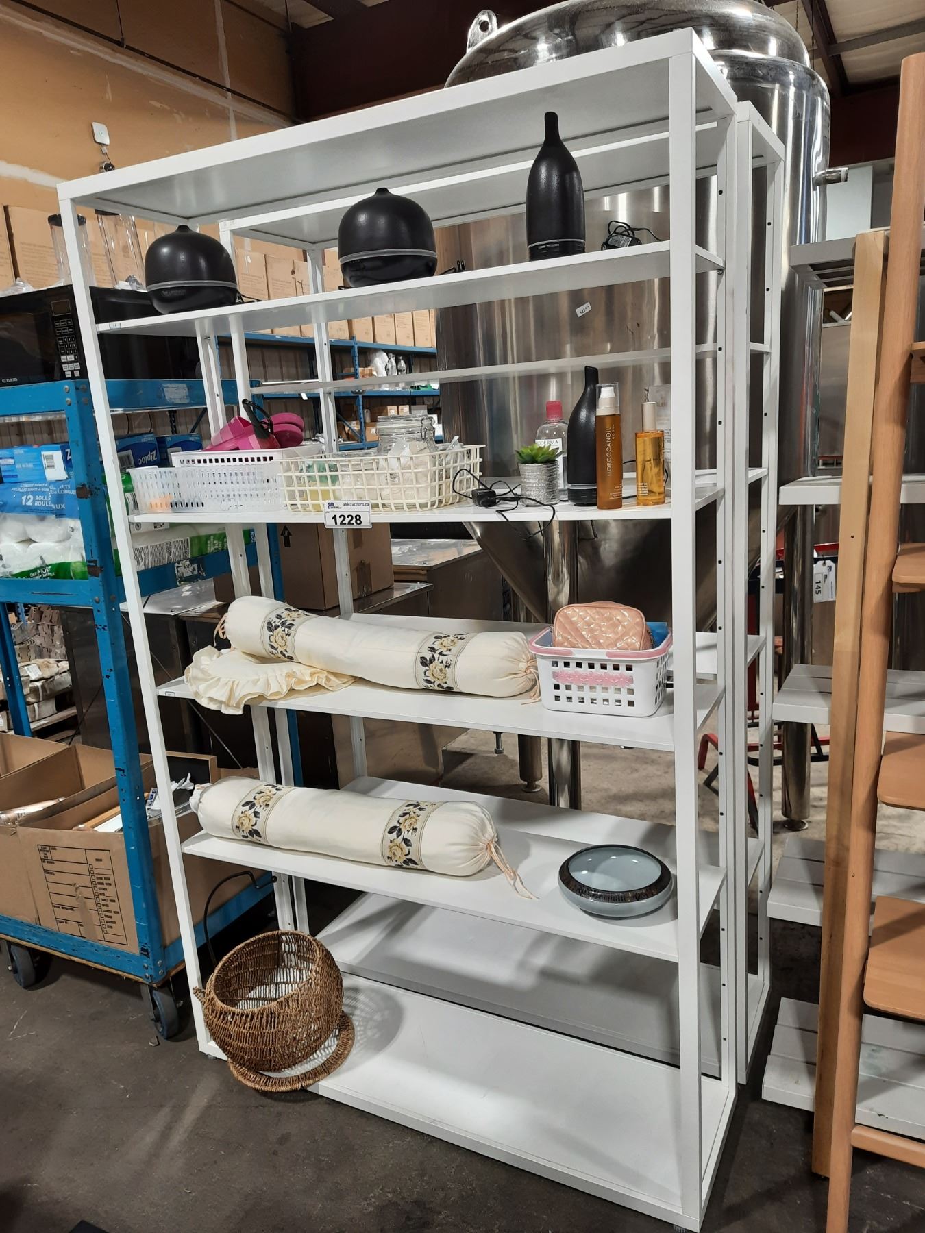 2 WHITE 6 TIER ADJUSTABLE SPA SHELVING UNITS WITH ASSORTED PRODUCTS