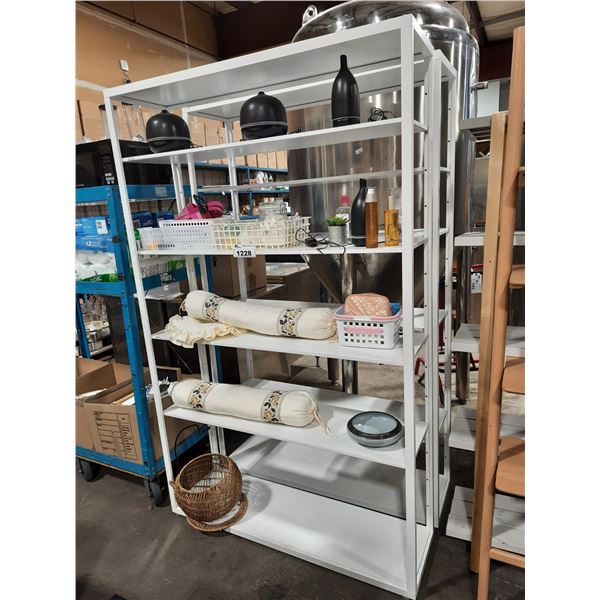 2 WHITE 6 TIER ADJUSTABLE SPA SHELVING UNITS WITH ASSORTED PRODUCTS