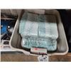 Image 2 : BOX OF ASSORTED CLOTHS/TOWELS/BAGS AND PLASTIC BIN OF BABY DIAPERS