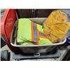 Image 2 : LARGE PLASTIC BIN OF ASSORTED BACKPACKS AND SAFETY VEST + RAINCOAT