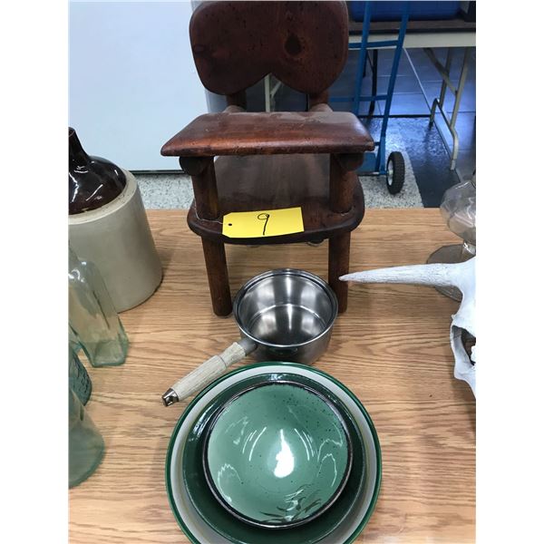 Wooden Chair, 3- Bowls and A Pot