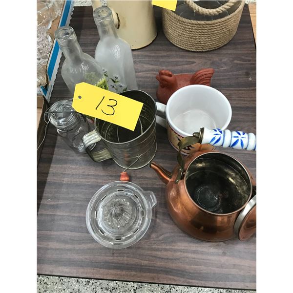 Sifter, Tea Pot and Vinegar Bottles