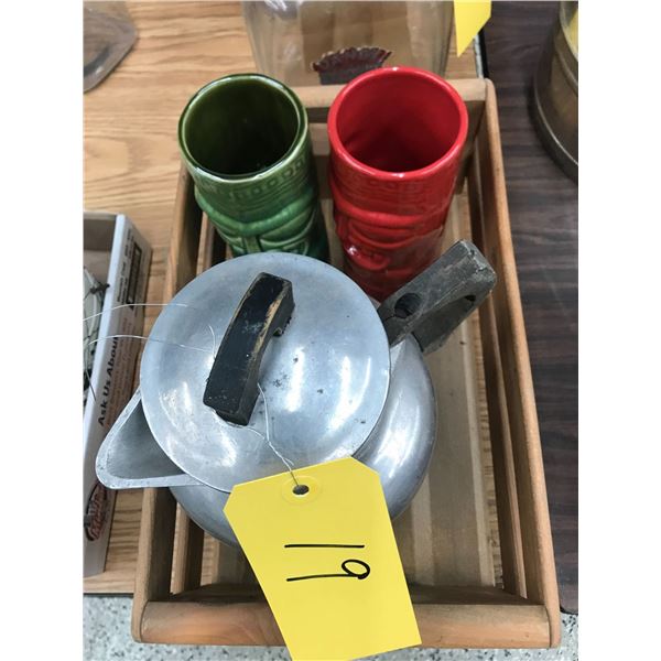 Wooden Box, Tea Pot and 2- Display Cups