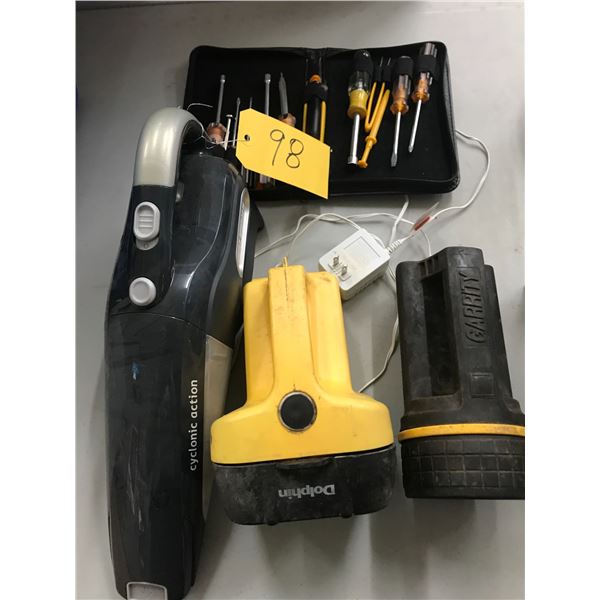 2- Flashlights (Working), Small Vacuum and Tool Set