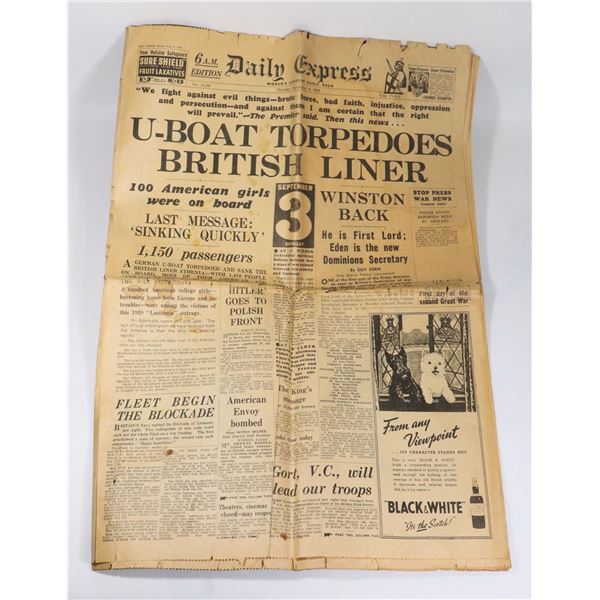 #451 WWII NEWSPAPER SEPTEMBER 1939 U-BOAT