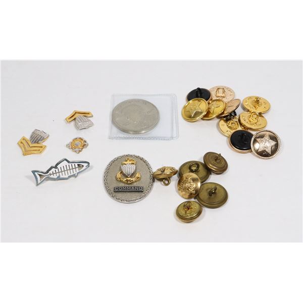 LARGE LOT OF MILITARY PINS AND LIBERIAN $10 COIN