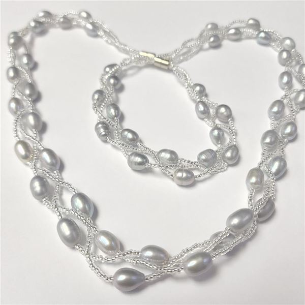 Fresh Water Pearl Bracelet And Necklace Set (~Size )(Ring is resizable for $40) (~length inches), Su