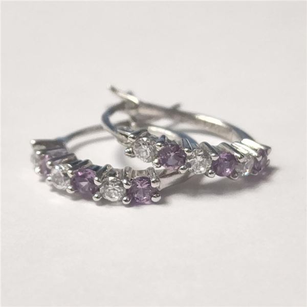 Silver Created Alexandrite And Cz Hoop Earrings (~Size )(Ring is resizable for $40) (~length inches)