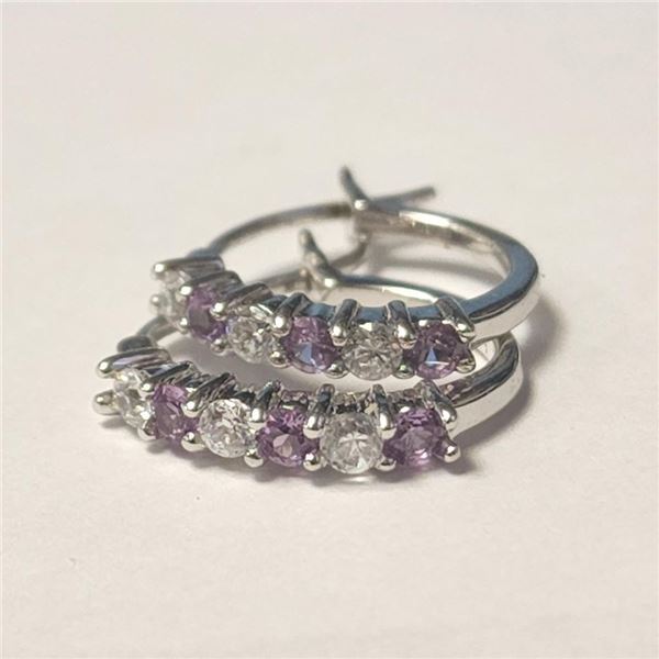 Silver Created Alexandrite And Cz Hoop Earrings