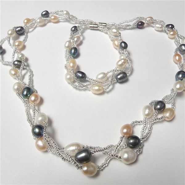 Fresh Water Pearl Bracelet And Necklace Set (~Size )(Ring is resizable for $40) (~length inches), Su