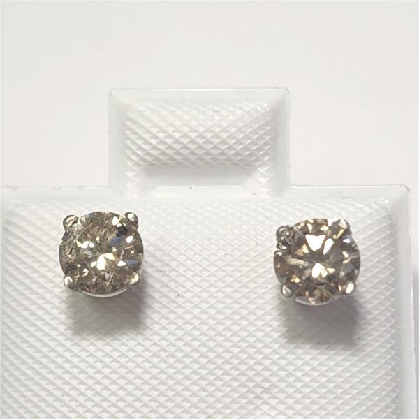 14K White Gold Diamond (0.8Ct,I1-2,Light Brown) Earrings (~Size ) (~weight 0.68g), Made in Canada, S