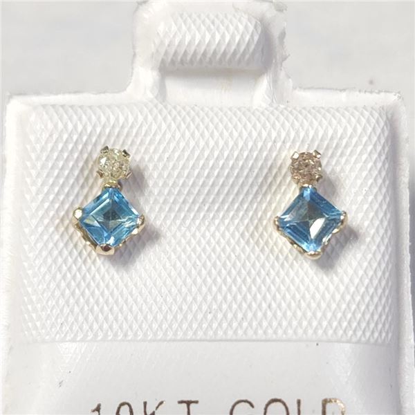10K Yellow Gold Blue Topaz(0.4ct) Diamond(0.06ct) Earrings (~length inches), Made in Canada, Suggest